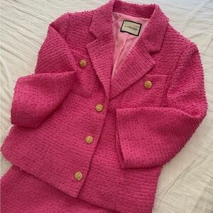 Tea Collection Fuchsia Textured Blazer with Gold Buttons and skirt (set of 2)